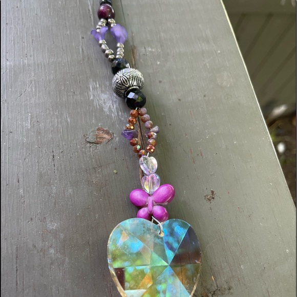 Handmade Purple Peace & Love Heart Suncatcher Wire w Upcycled & New Beads - Picture 2 of 5